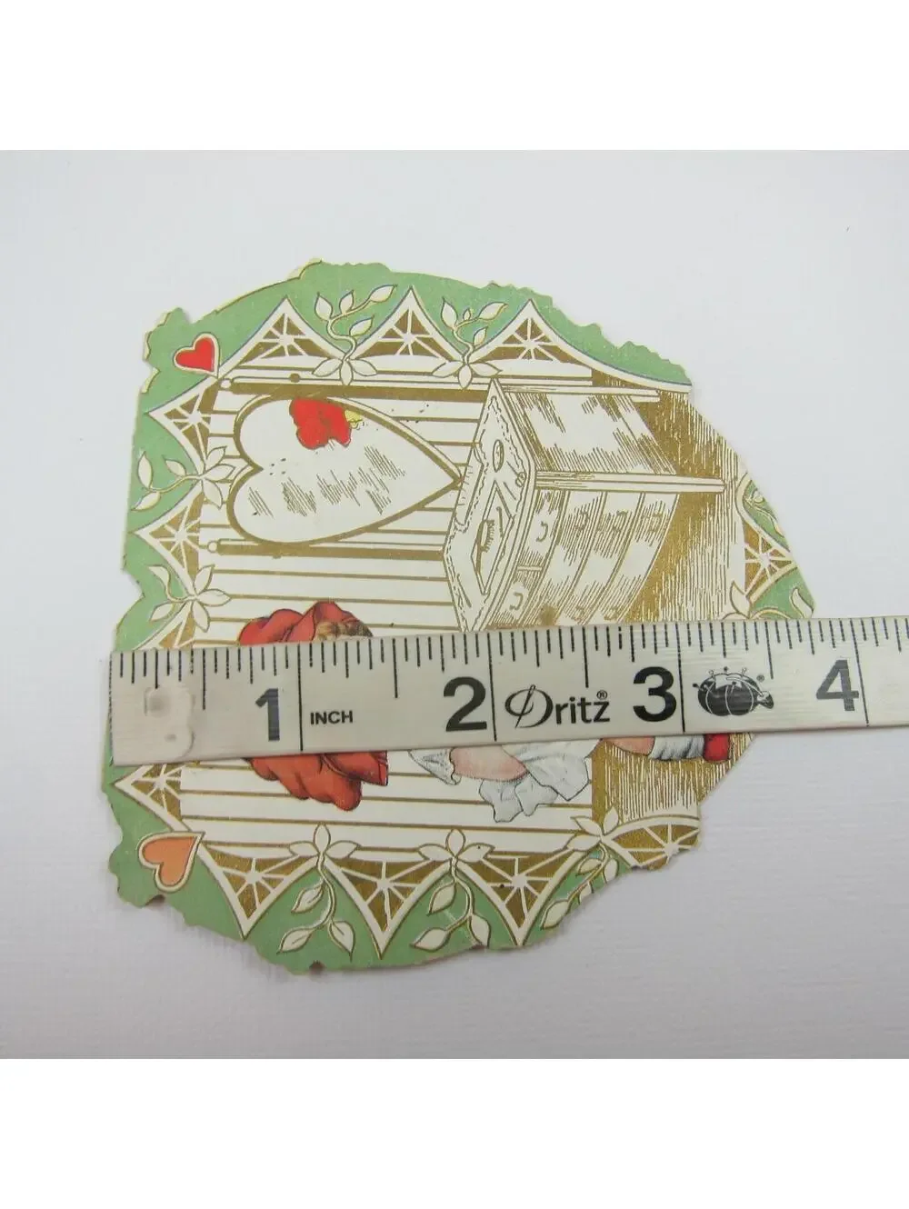 Valentine Card Girl Red Bonnet Dresser Mirror Green Gold Die cut Bifold Antique